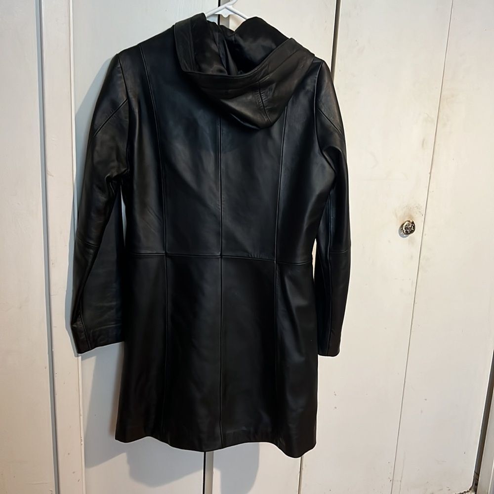 Hillard & Hanson Women's Black 100% Genuine Leather Zip Up Jacket Pockets Hood M - Picture 4 of 5